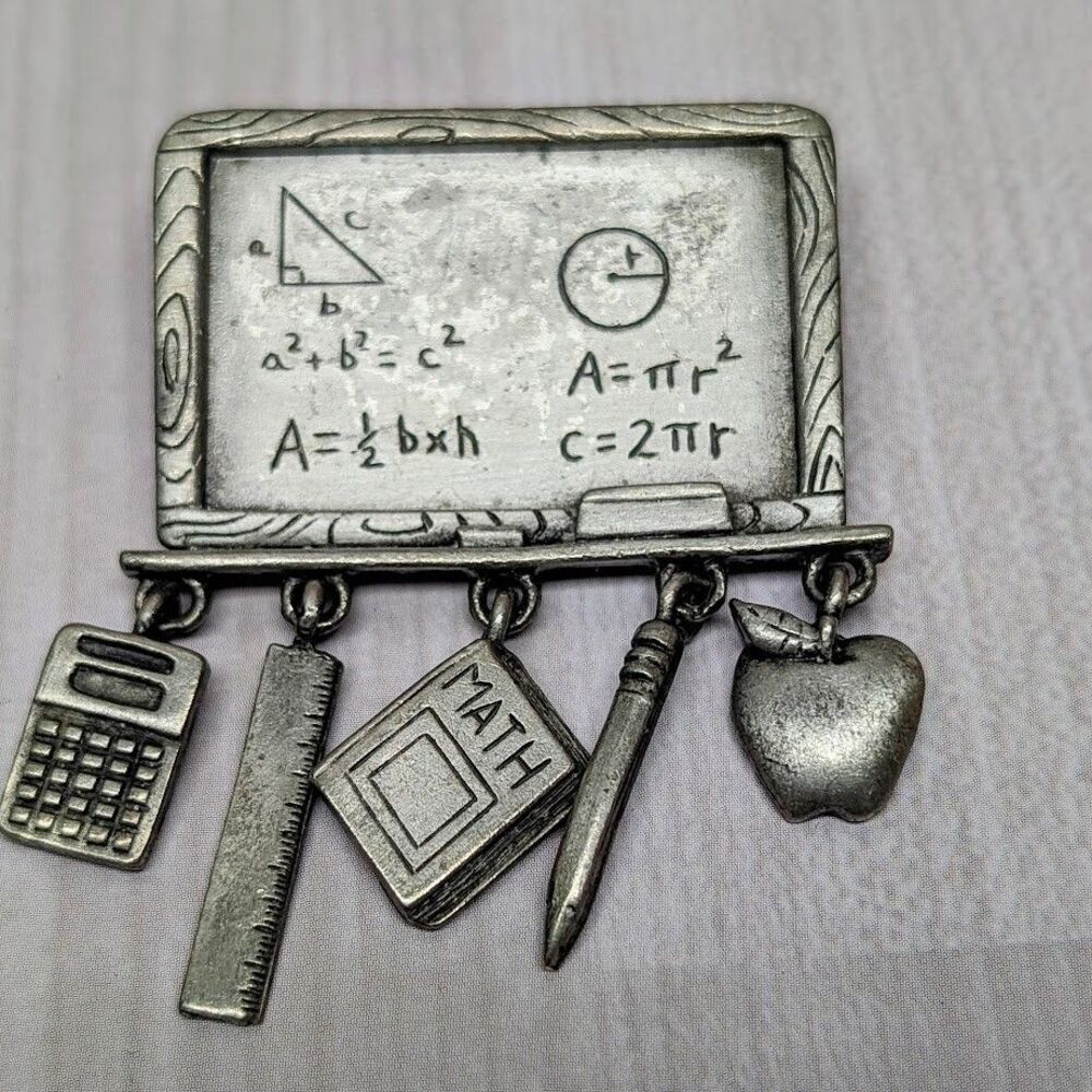 Vintage JJ Jonette Silver Pewter Math Teacher Dangle Charm Brooch